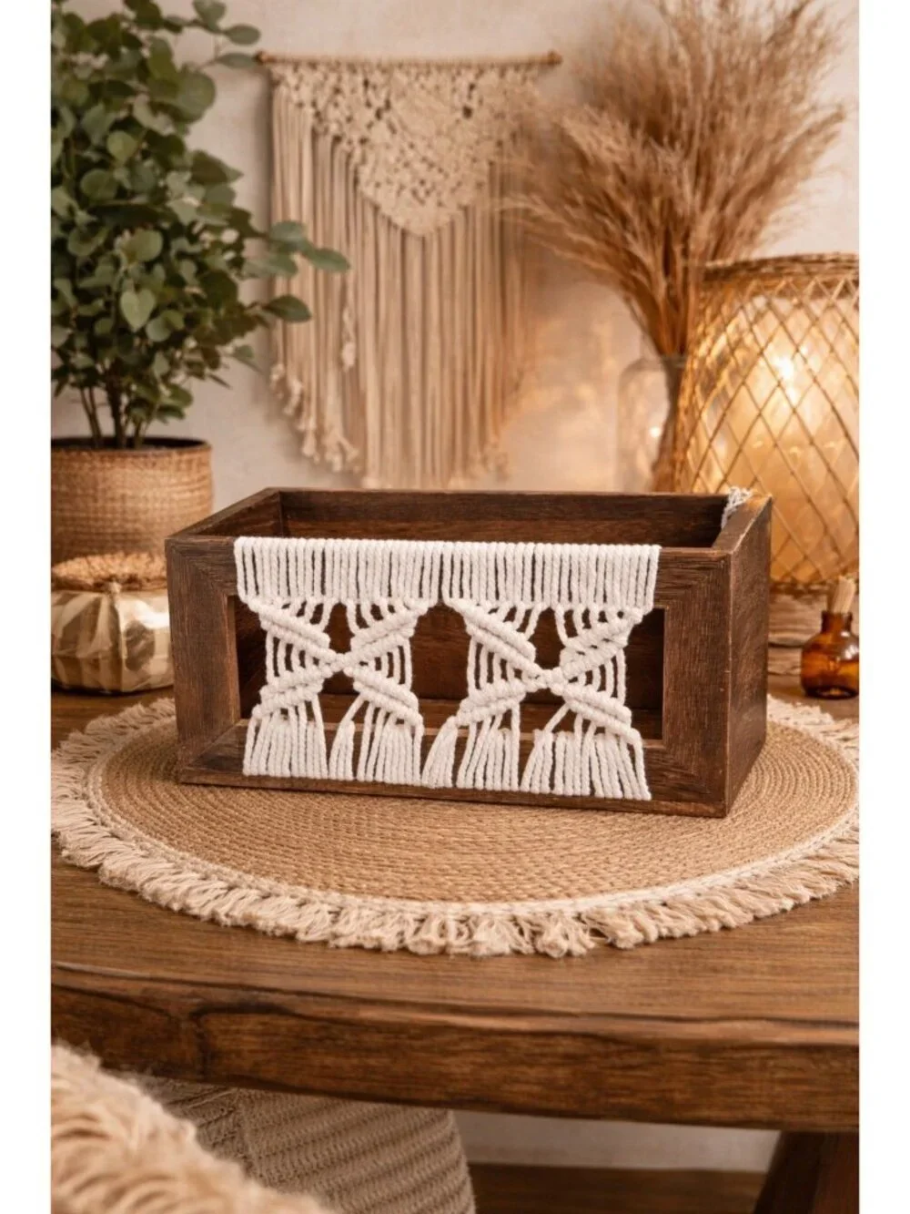 New Boho Macrame Storage Basket Organize Gift Bags Decorative Wood